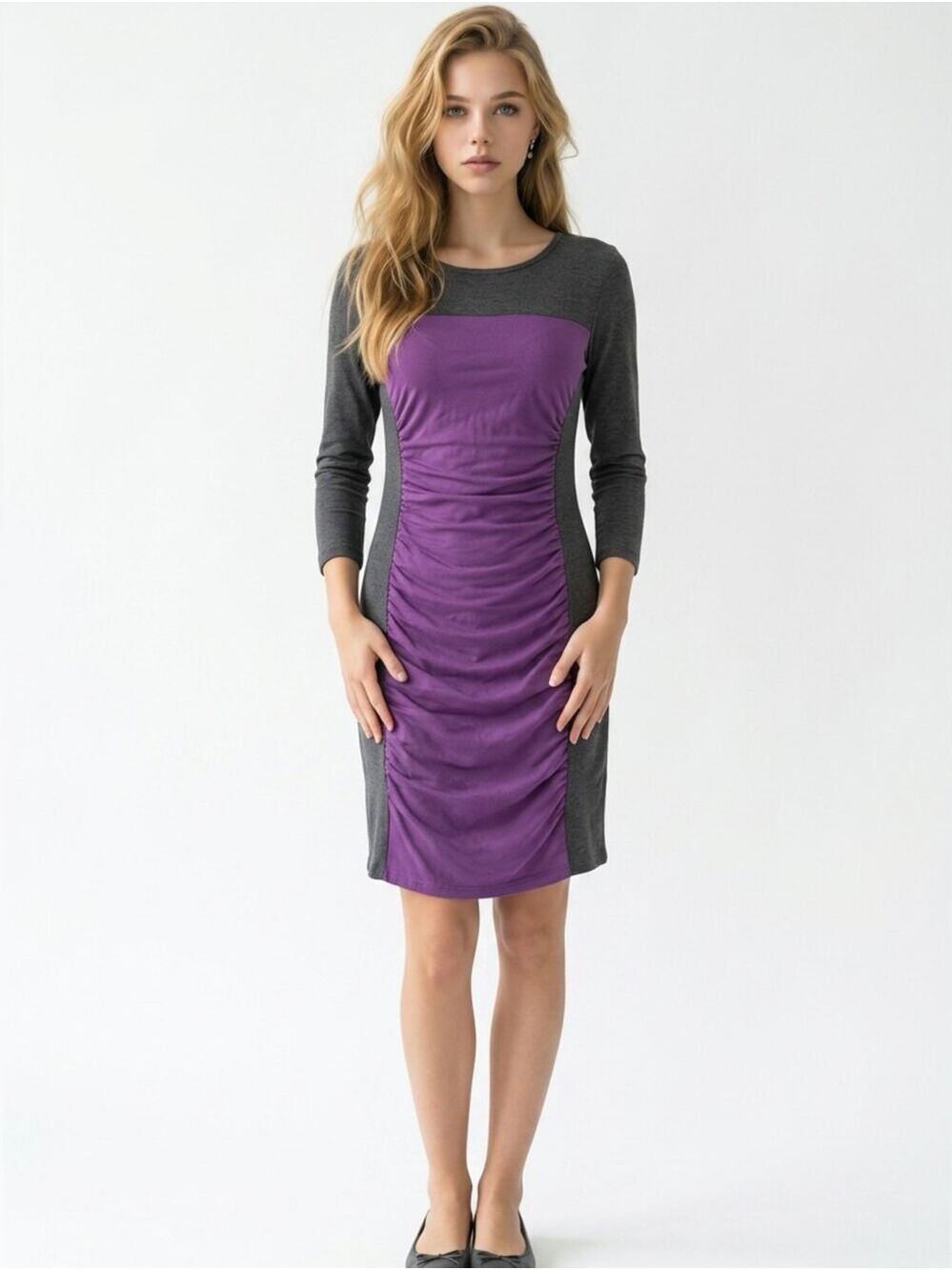 Theory Purple and Gray Ruched Sheath Dress